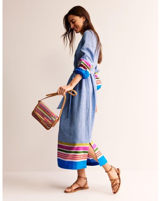 Boden Blue Linen Maxi Notch Neck Dress