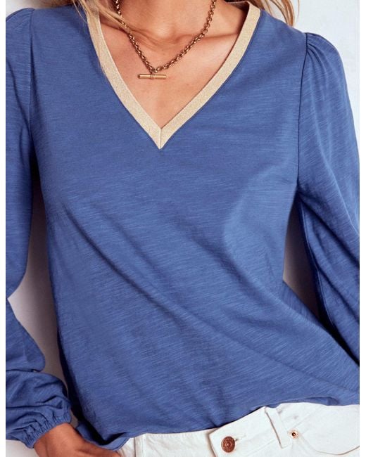 Boden Blue Metallic Trim Long Sleeve Top