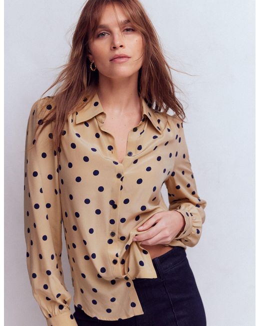 Boden Brown Sara Silk Shirt-Sand, Painted Dot Spaced