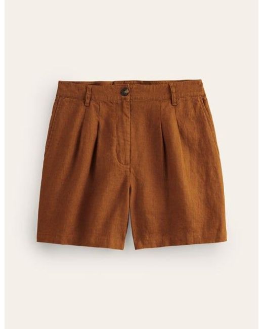 Boden Brown Pleated Linen Shorts
