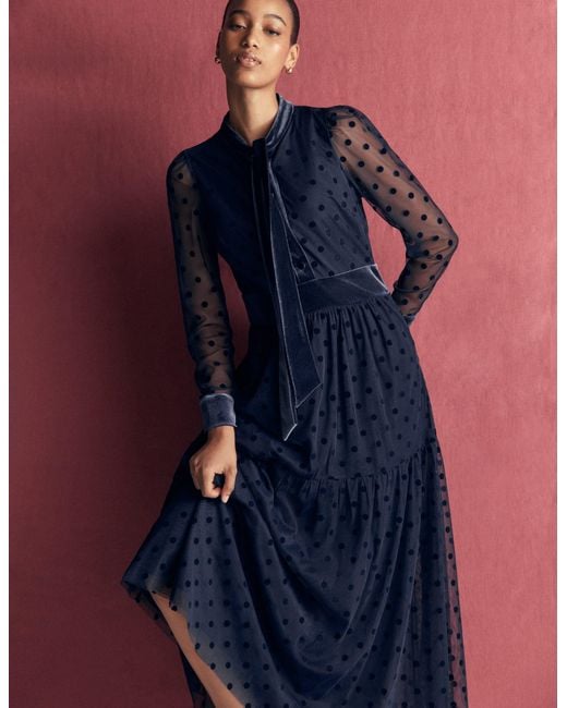 Boden Blue Tie Neck Tiered Tulle Dress