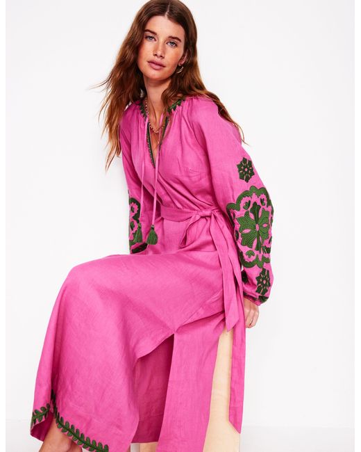 Boden Pink Embroidered Linen Tassel Dress