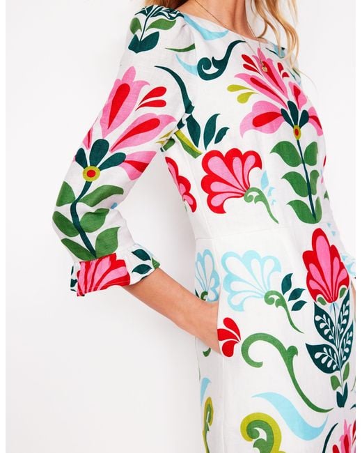 Boden White Linen Flute Sleeve Dress-Ivory, Decorative Stems