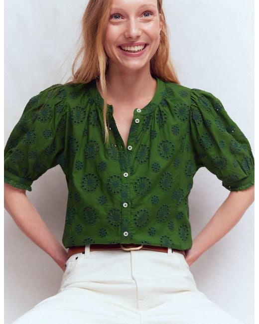 Boden Green Camille Embroidered Cotton Top