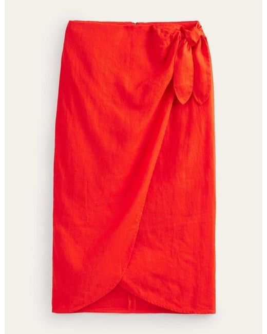 Boden Red Wrap-front Linen Midi Skirt