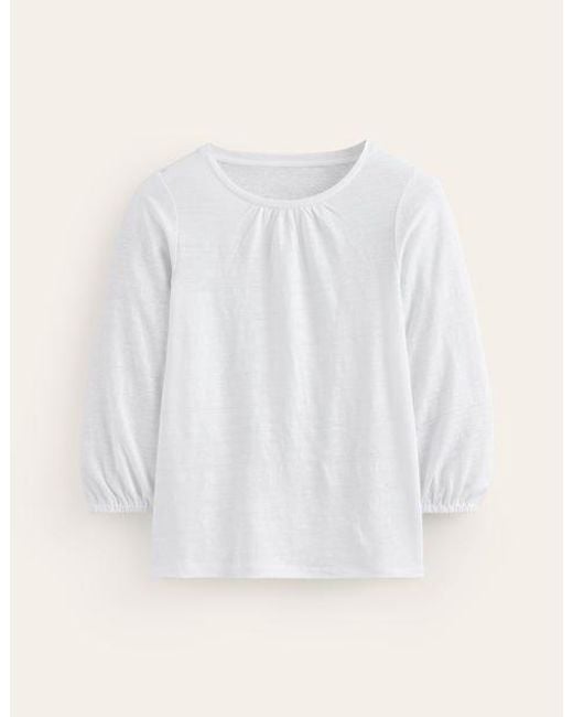 Boden White Gathered Neck Linen Jersey Top
