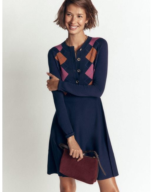 Boden Blue Crew Neck Jacquard Dress