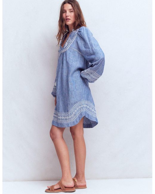 Boden Blue Pia Linen Yoke Tassel Dress