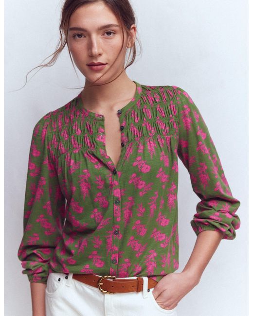Boden Brown Mya Smocked Jersey Shirt-Salsa, Decorative Blossom
