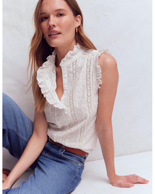 Boden White Isabel Sleeveless Broderie Top