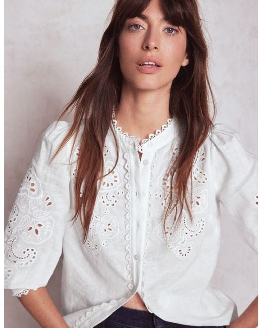 Boden White Alicia Cutwork Linen Top- Cutwork Embroidery