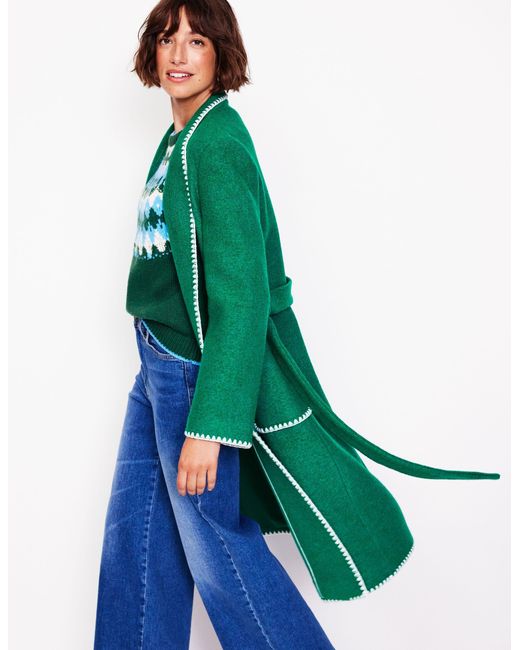 Boden Green Blanket Stitch Wrap Coat
