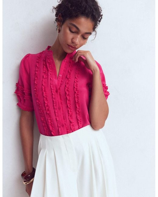 Boden Red Short Sleeve Silk Ruffle Top