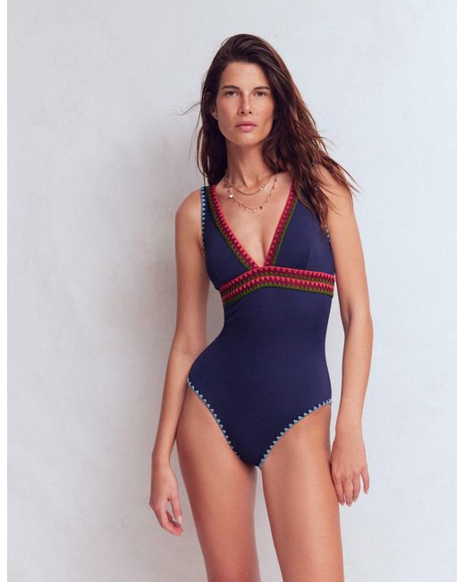 Boden Blue Porto V-neck Swimsuit Mandarin Red, Botanical Sprig
