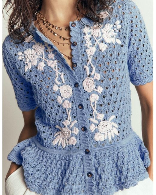 Boden Blue Embroidered Pointelle Cardigan