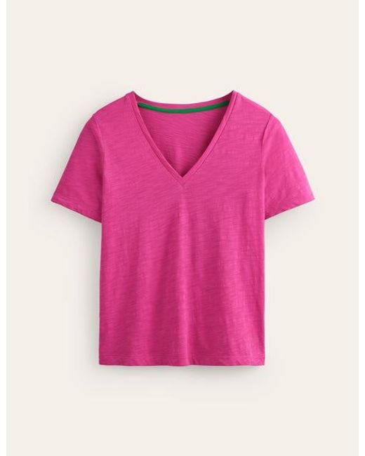 Boden Pink Flammgarn-T-Shirt Mit V-Ausschnitt Und Normaler Passform Damen