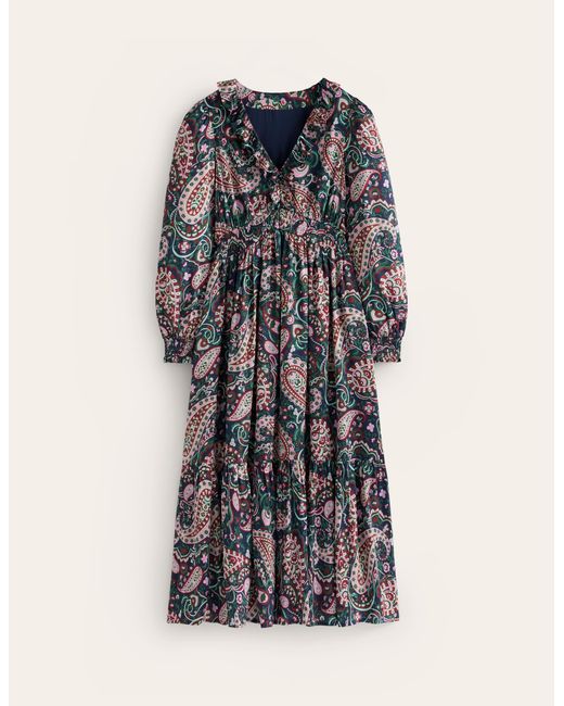 Boden Purple Shirred Ruffle Midi Dress