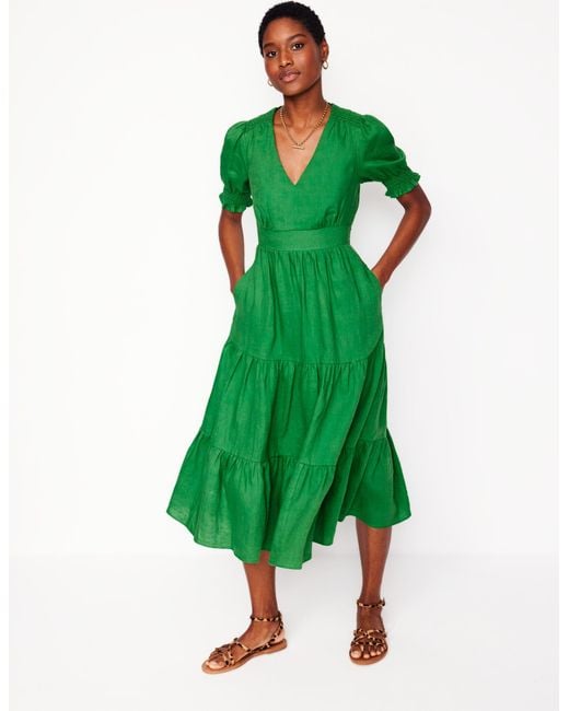 Boden Green Anna Linen Tiered Midi Dress