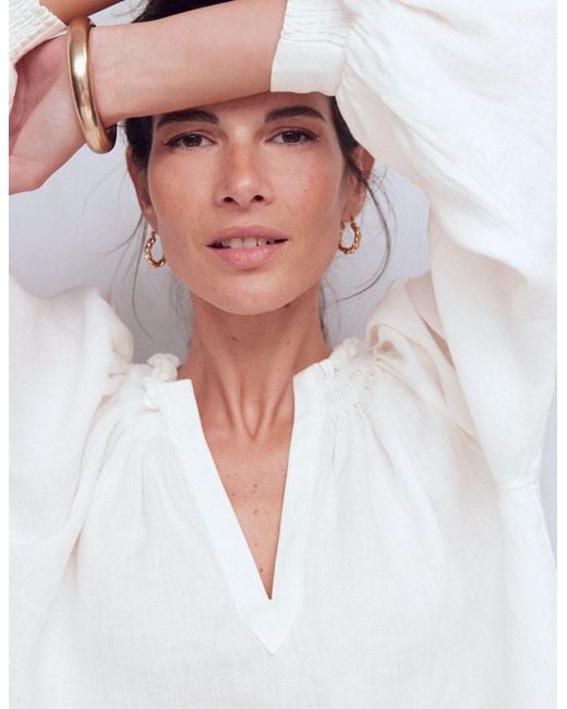 Boden White Serena Pleat Neck Linen Top