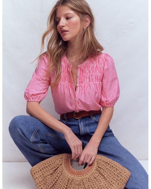 Boden Pink Mya Short Sleeve Smocked Shirt