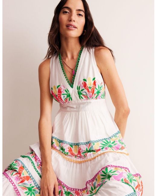 Boden White Cotton Maxi Tie Neck Dress
