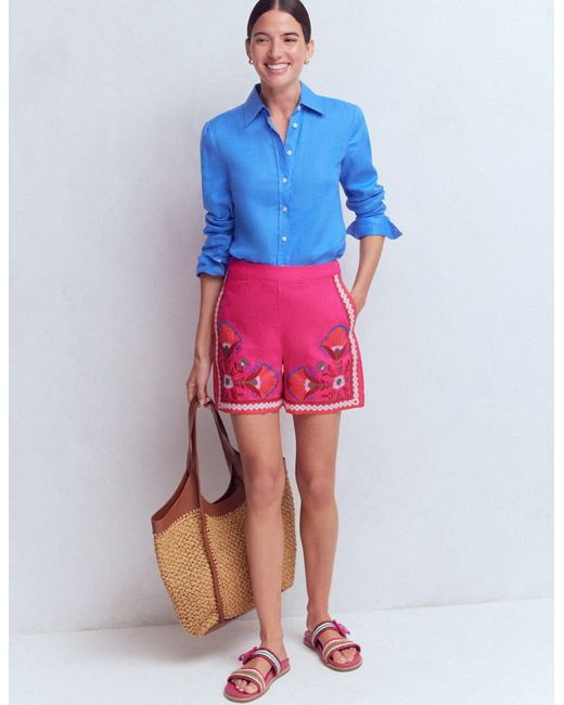 Boden Pink Embroidered Linen Shorts