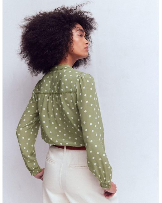 Boden Green Rhea Trim Detail Silk Top-Larch, Painted Dot