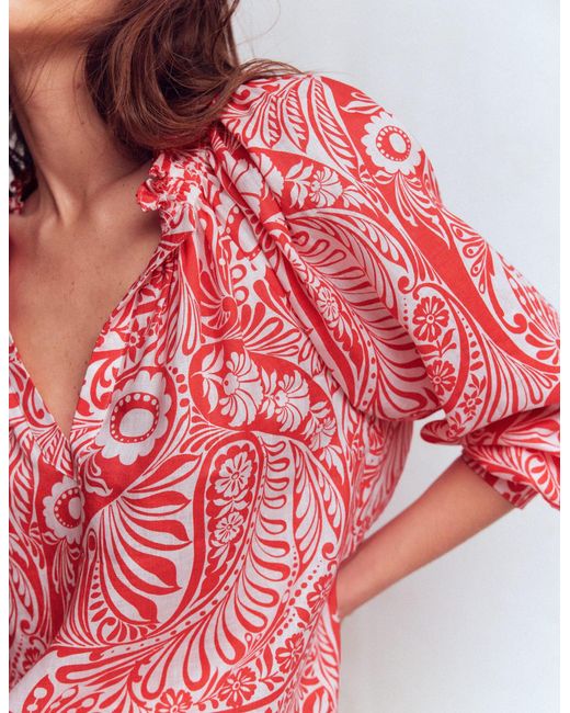 Boden Red Serena Pleat Neck Linen Top