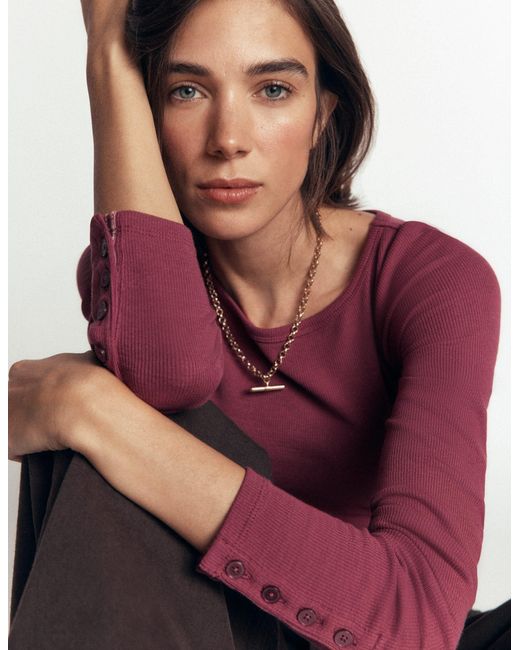 Boden Purple Button Cuff Ribbed Boatneck