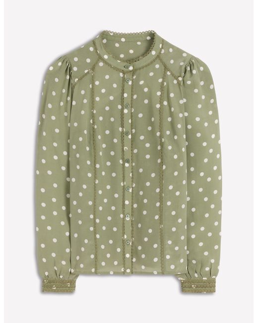 Boden Green Rhea Trim Detail Silk Top-Larch, Painted Dot