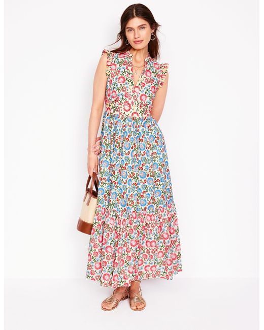 Boden White Wren Tiered Midi Dress-Ivory, Garden Vine