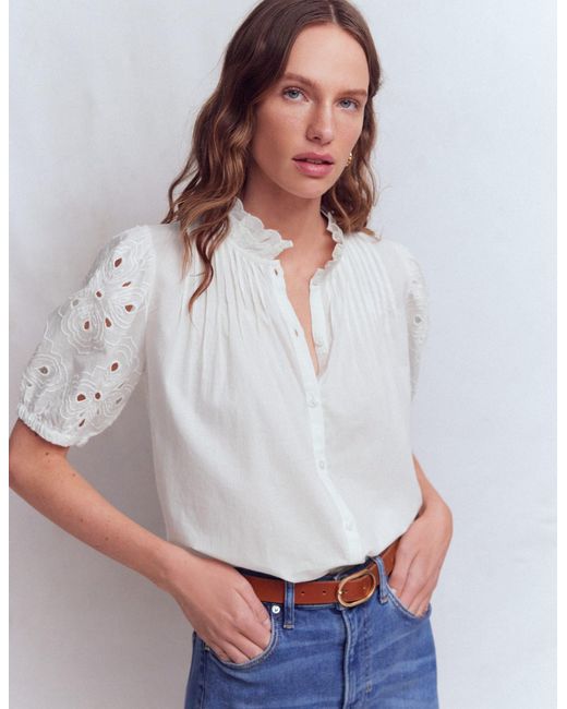Boden White Cutwork Puff Sleeve Top