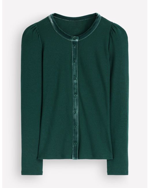 Boden Green Velvet Trim Ribbed Cardigan