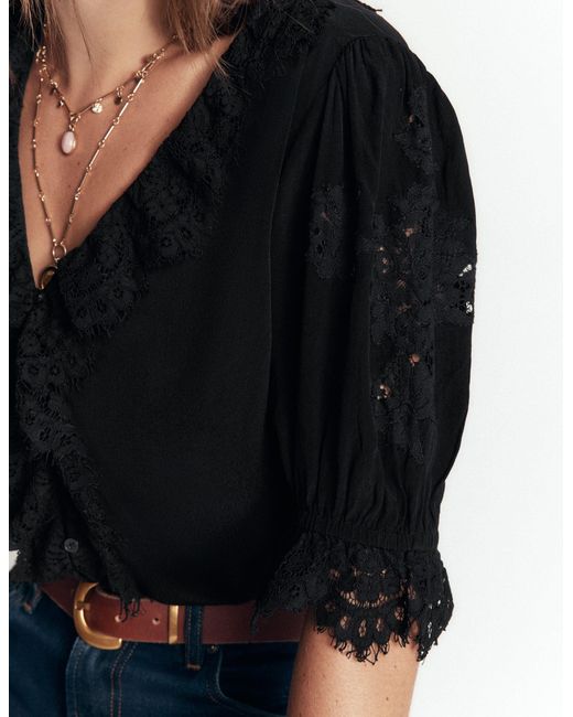 Boden Black Ruffle V-Neck Lace Top