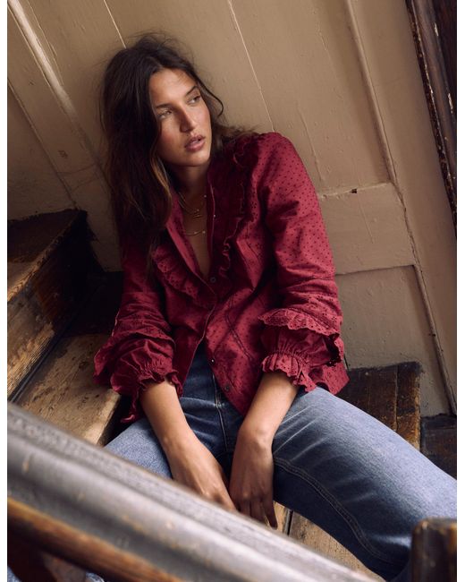Boden Red Broderie Ruffle Top