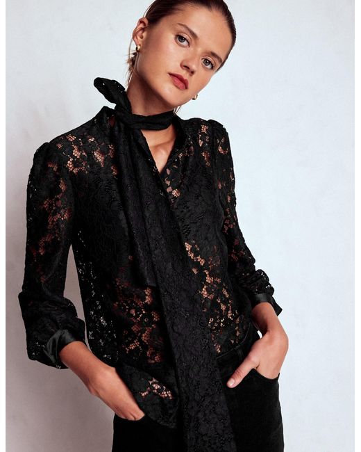 Boden Black Lace Tie Neck Top