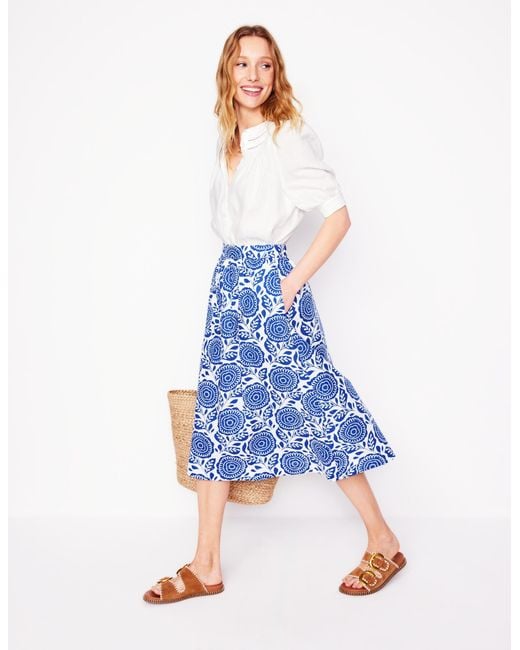 Boden Blue Hattie Midirock Aus Popeline-Leuchtendes Blau, Dahlienstempel