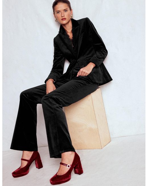 Boden Black Fitted Velvet Flare Trousers