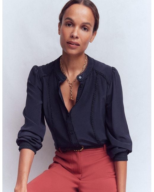 Boden Blue Rhea Trim Detail Silk Top