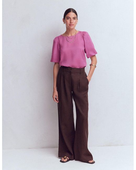Boden Pink Linen Puff Sleeve Top