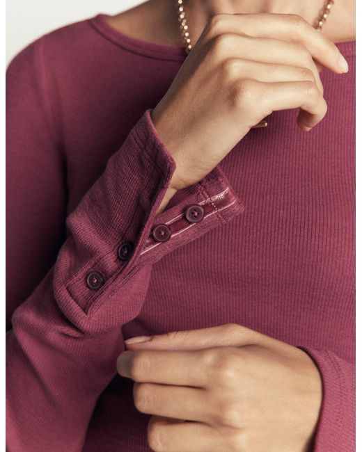 Boden Purple Button Cuff Ribbed Boatneck