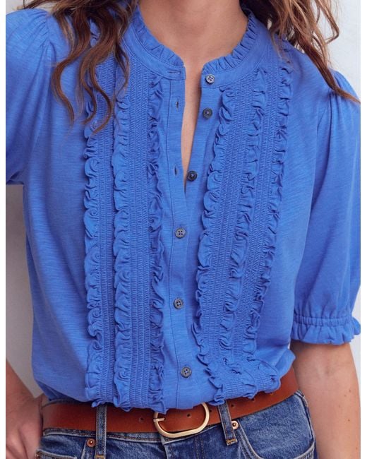 Boden Blue Eda Ruffle Front Shirt