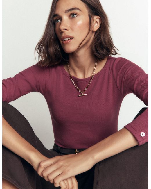 Boden Purple Button Cuff Ribbed Boatneck
