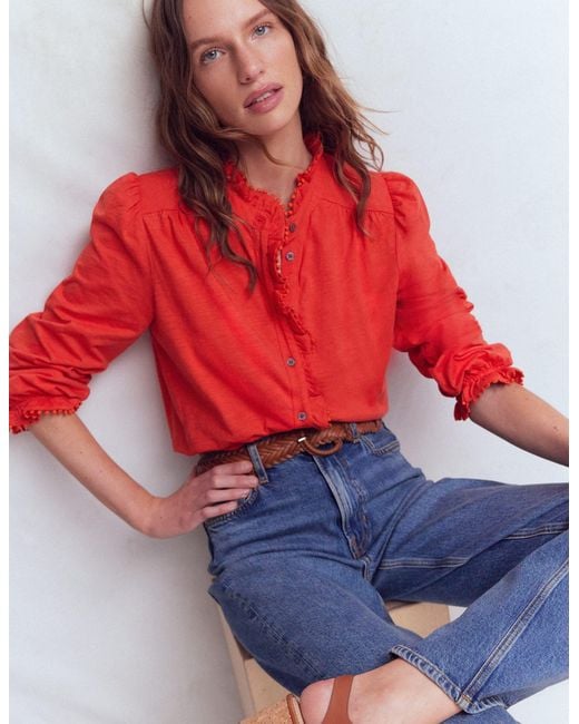 Boden Red Emily Pom Trim Ruffle Shirt
