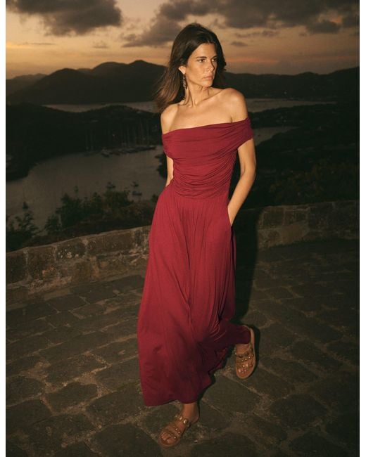 Boden Brown Ruched Bardot Maxi Dress