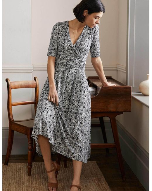 Boden Black Ruched Waist Jersey Midi Dress