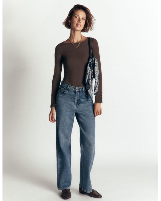 Boden Brown Button Cuff Ribbed Boatneck