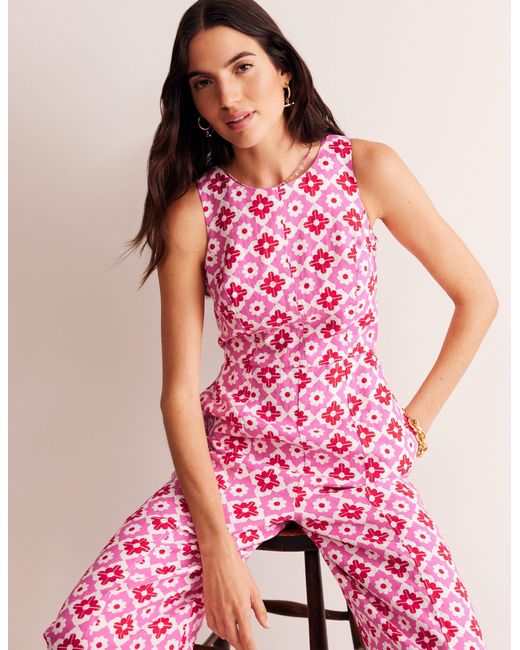 Boden Carla Linen Jumpsuit Pink Power, Geometric Stamp