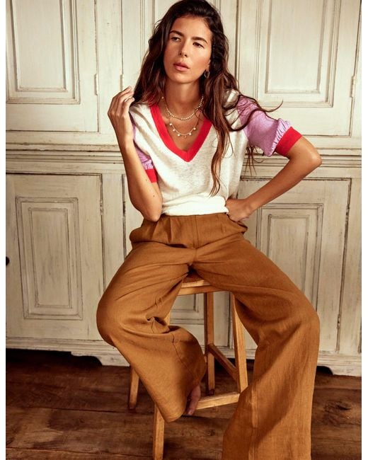 Boden Brown Liv V-Neck Linen T-Shirt