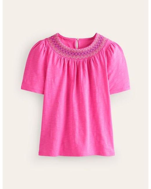 Boden Pink Smock Neck Puff Sleeve Top